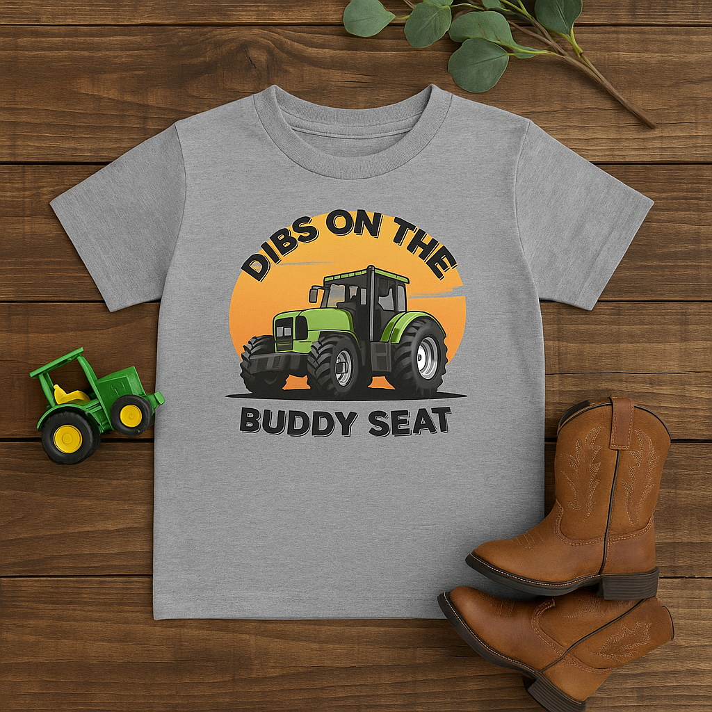 Dibs on the Buddy Seat – Green Tractor Farm Life Tee (Youth Unisex Softstyle)