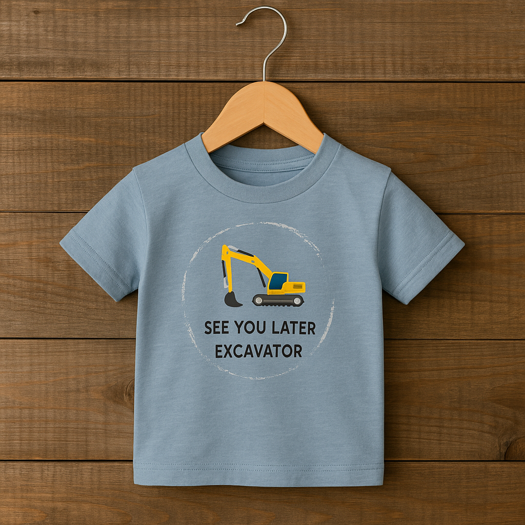 Children's t-shirt with an excavator graphic and text on a wooden background