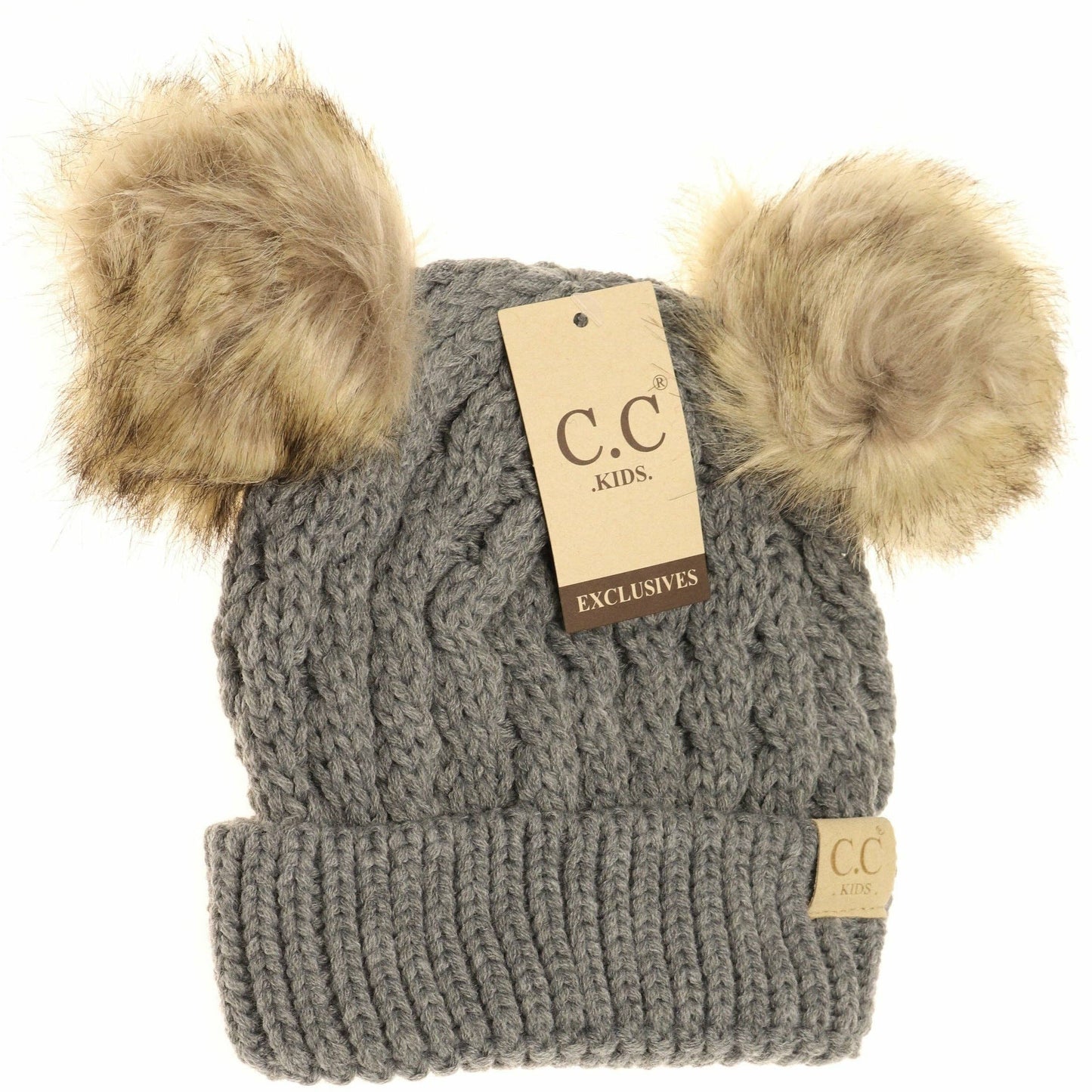 Kids' Cable Knit Double Fur Pom Beanie
