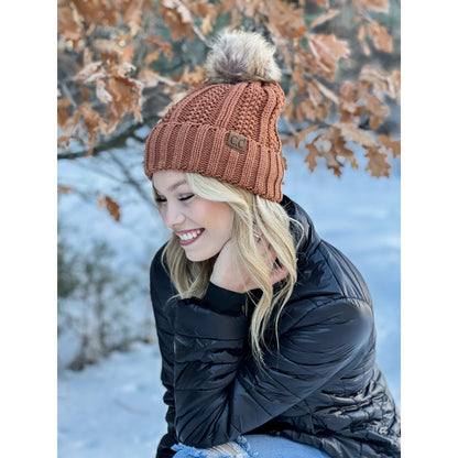 Fuzzy Lined Fur Pom CC Beanie YJ820