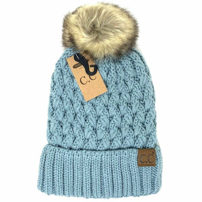 Solid Lattice Stitch Fur Pom CC Beanie YJ826