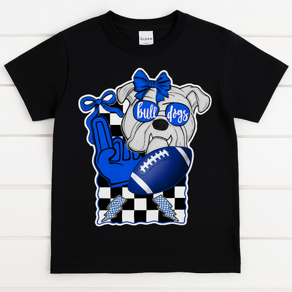Black t-shirt with a bulldog graphic wearing blue gloves and a bow, on a white wooden background.