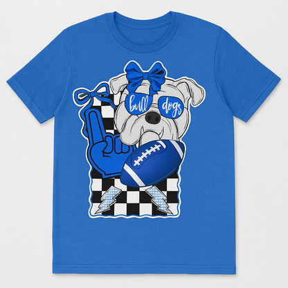 Blue t-shirt with a bulldog graphic holding a football and wearing sunglasses with 'Bull Dogs' text on a white background.