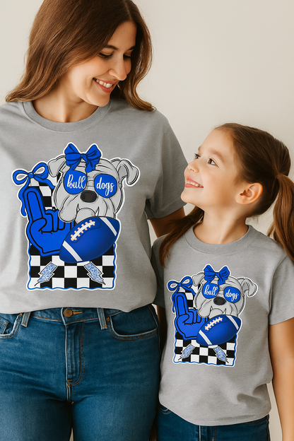 Woman and child wearing matching gray t-shirts with bulldog graphic and 'bulldogs' text.