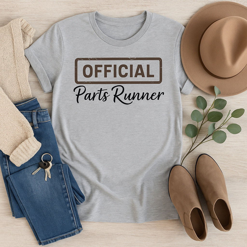 Gray t-shirt with 'OFFICIAL Parts Runner' text, paired with jeans, a hat, boots, and a sweater on a wooden surface.