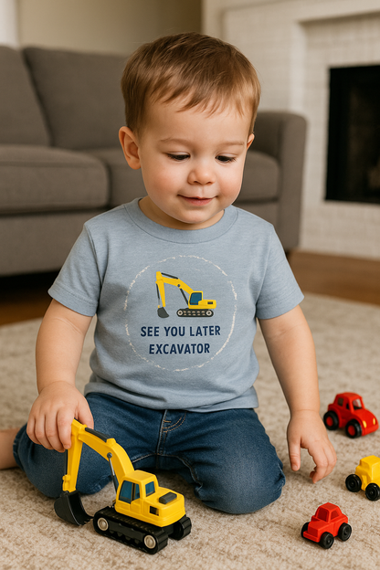 Child playing with toy excavator and cars in a living room