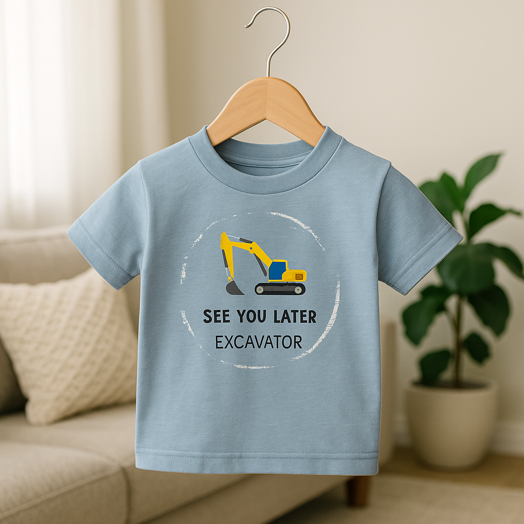 Children's t-shirt with an excavator graphic and text on a hanger against a home interior background.