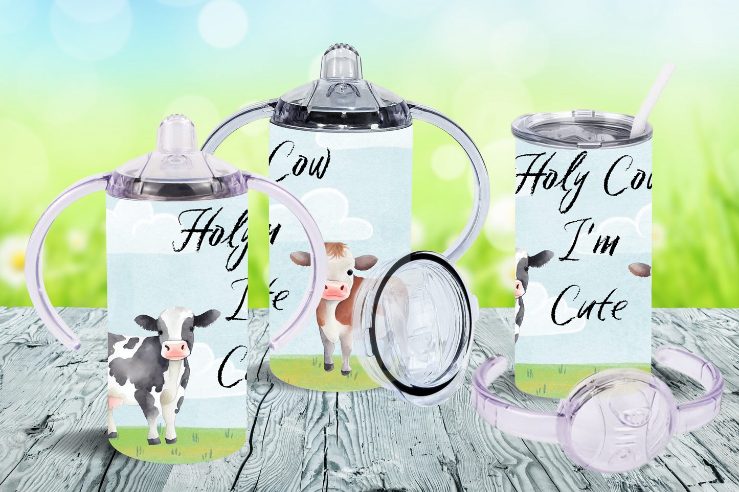 Kids Tumbler with 2 lids - Holy Cow I'm Cute - Cow Themed 12oz Sippy Cup