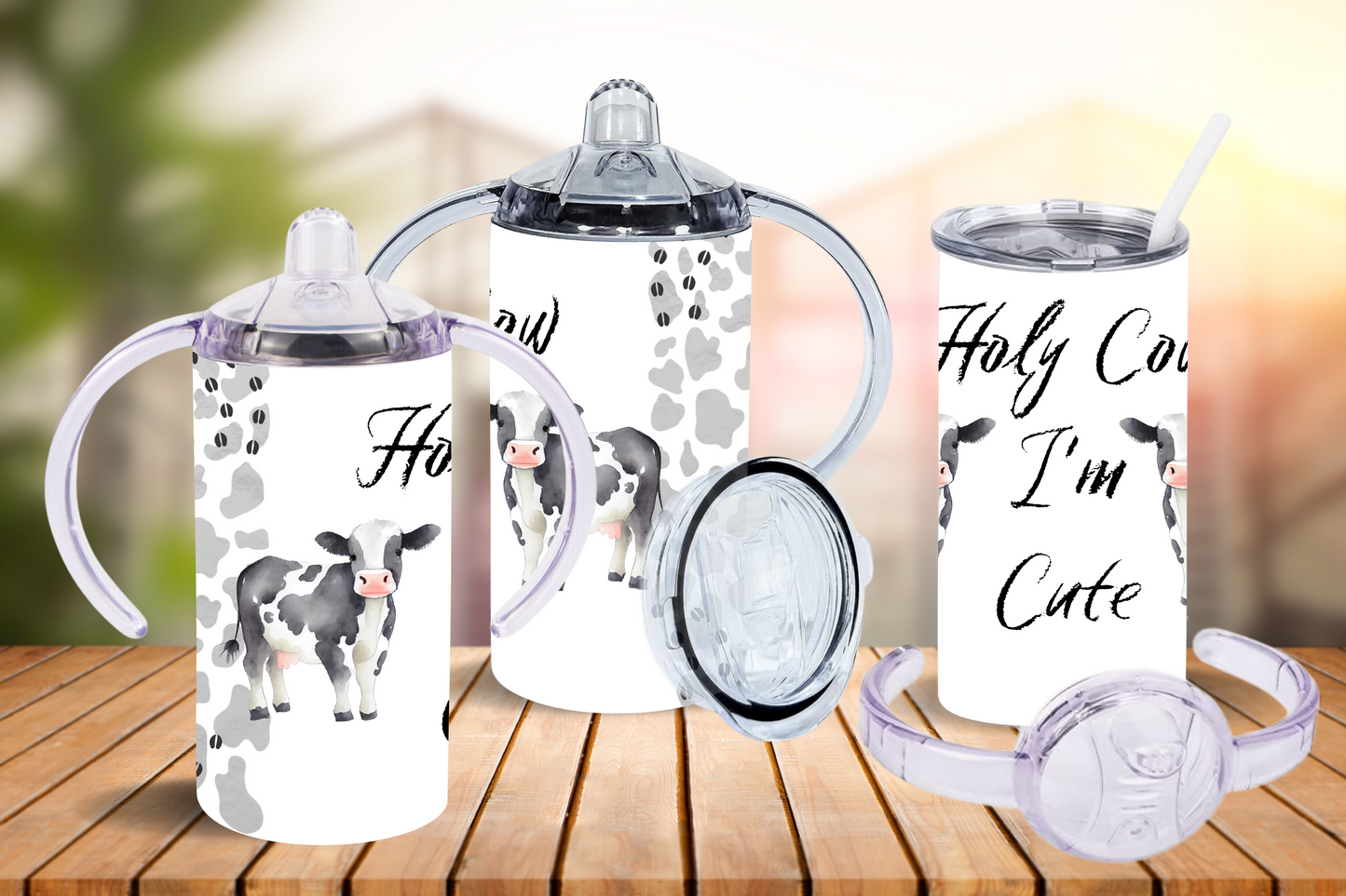 Kids Tumbler with 2 lids - Simple Cow Themed 12oz Sippy Cups