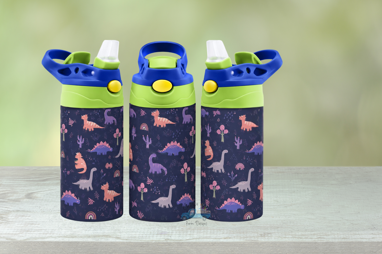 Pink & Purple Dinosaur 12 oz Kids Water Bottle with Straw Lid