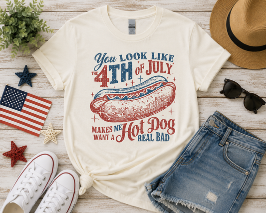 You Look Like the 4th of July Hot Dog Graphic T-Shirt | Funny Patriotic Tee
