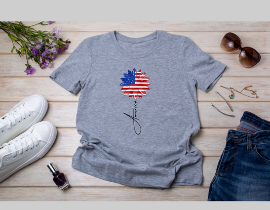 American Flag Sunflower Graphic T-Shirt